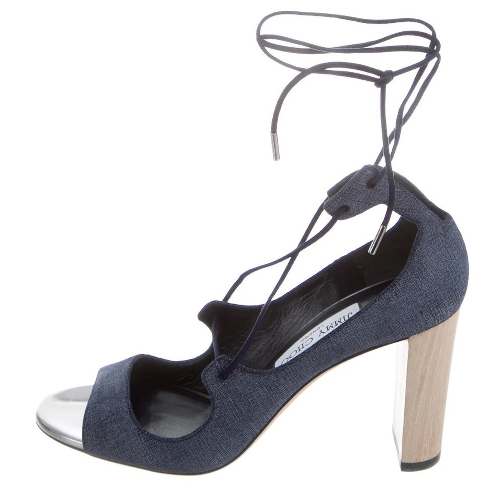 Jimmy Choo Vernie Sandals 6.5 Denim Blue‎ Leather Strappy Wood Block Heel